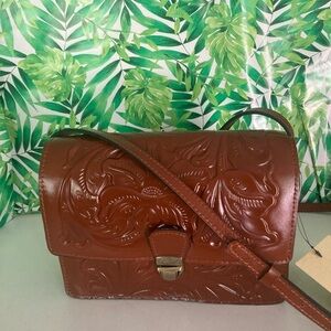 Patricia Nash Lanza Brown Embossed Leather Shoulder Bag with multi compartments.